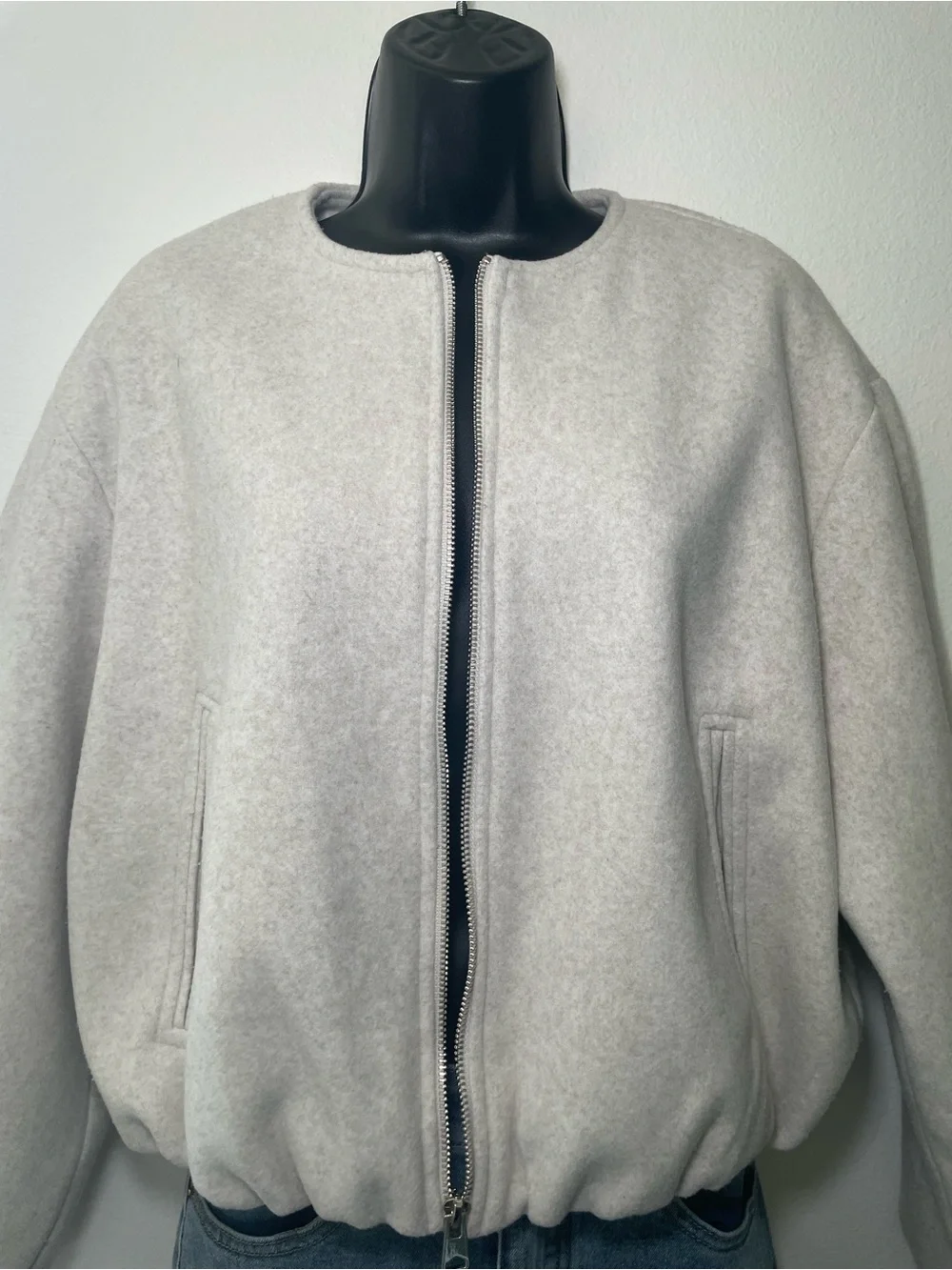 Zara Oatmeal Fleece Zip Bomber Jacket M Minimalist Quiet Luxury Balloon Sleeve